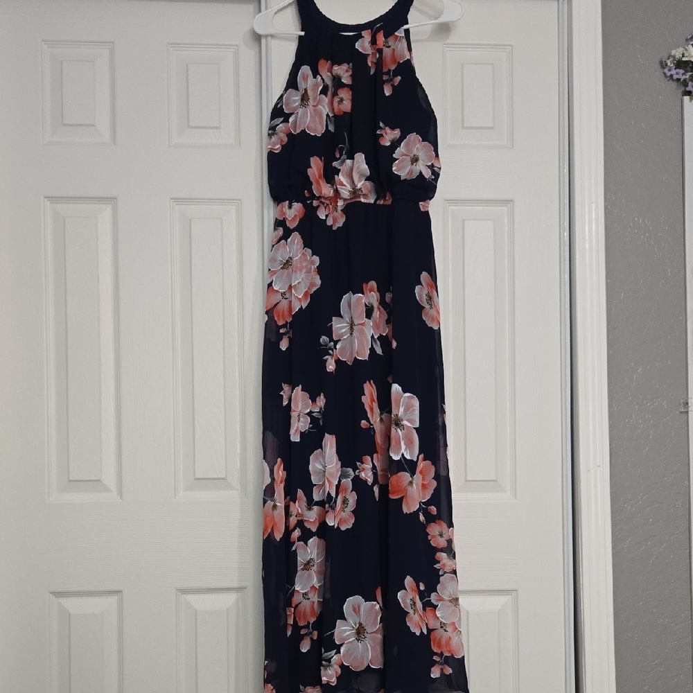 Robbie Bee Navy Floral Halter Maxi Dress with Pink and Cream Blooms